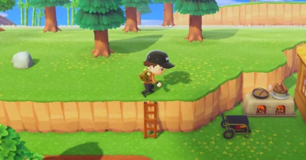 Using a ladder in Animal Crossing to explore island cliffs.